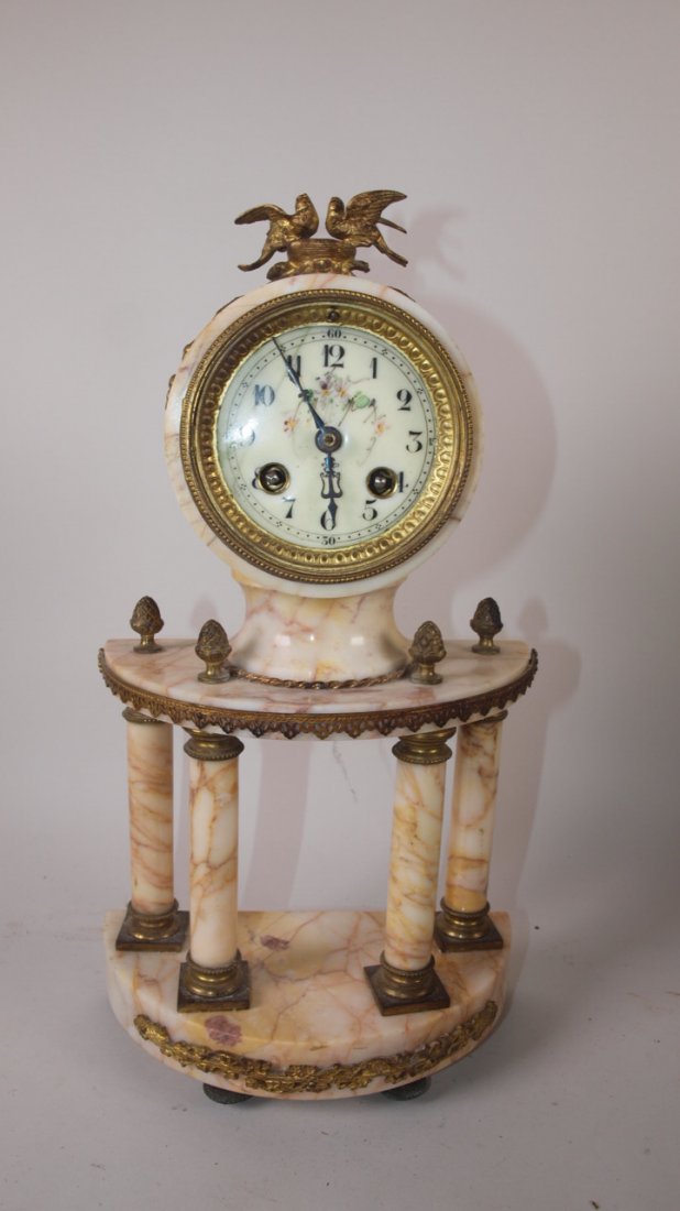 French pink marble clock with brass ormolu 14 1/2": French pink marble clock with brass ormolu 14 1/2"