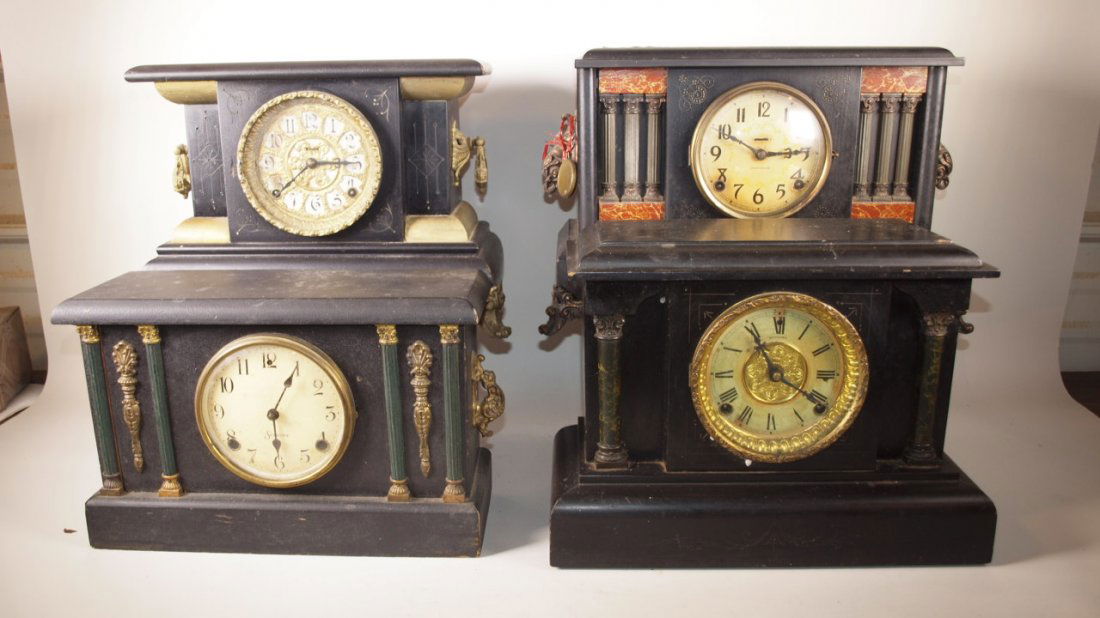 Lot of 4 black mantle clocks: Ingraham & Sessions: Lot of 4 black mantle clocks: Ingraham & Sessions various conditions