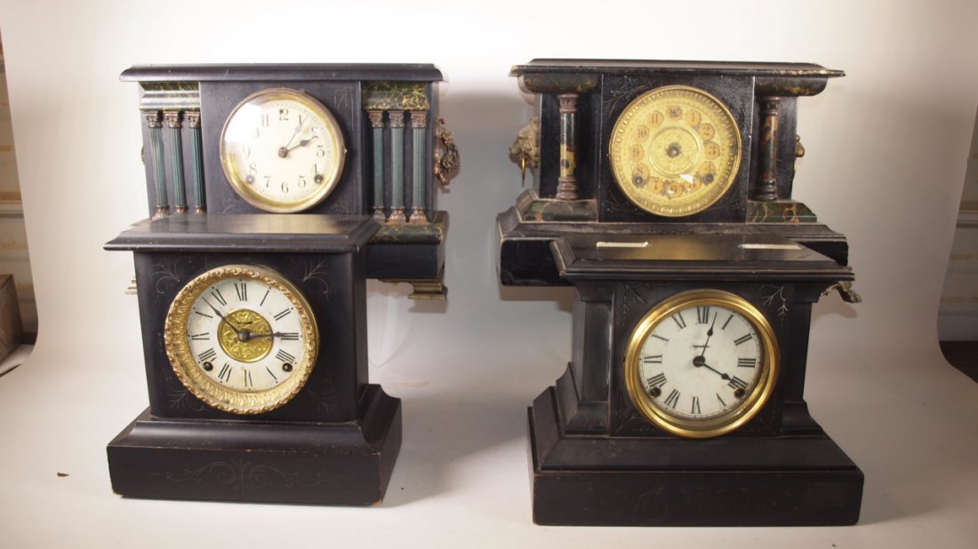 Lot of 4 black mantle clocks: Ingraham & Sessions: Lot of 4 black mantle clocks: Ingraham & Sessions various conditions