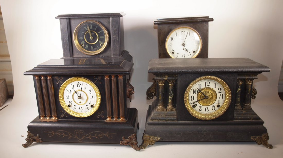 Lot of 4 black mantle clocks, Seth Thomas and others,: Lot of 4 black mantle clocks, Seth Thomas and others, various conditions