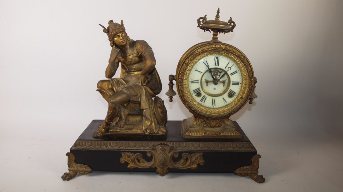 Ansonia "Mercury" figural mantle clock with open: Ansonia "Mercury" figural mantle clock with open escapement, loss of tip of wing on Mercury's head
