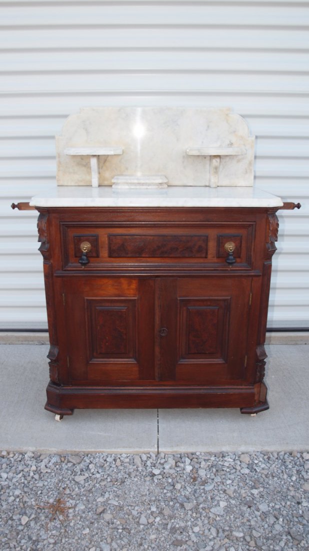 Walnut Victorian marble top commode with teardrop: Walnut Victorian marble top commode with teardrop pulls, missing front corner trim at base