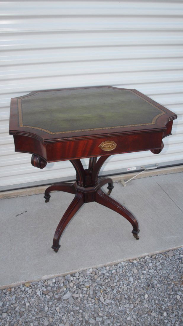 Duncan Phyfe style game table with drawer, leather: Duncan Phyfe style game table with drawer, leather inlaid top, 30" top