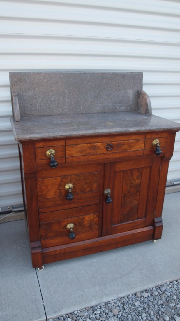 Walnut marble top commode with splash back and teardrop: Walnut marble top commode with splash back and teardrop pulls