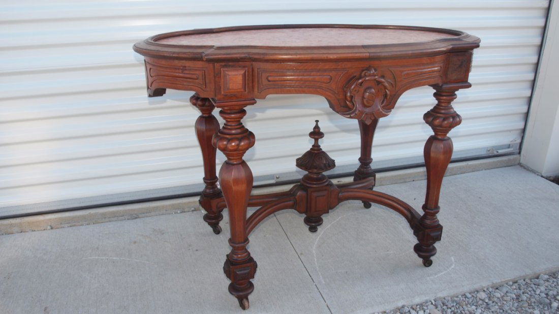 Walnut Victorian mulberry marble top parlor table, 41": Walnut Victorian mulberry marble top parlor table, 41" x 27" top