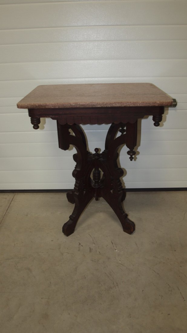 Walnut Victorian parlor table with mulberry marble top,: Walnut Victorian parlor table with mulberry marble top, 26"w, 30" h
