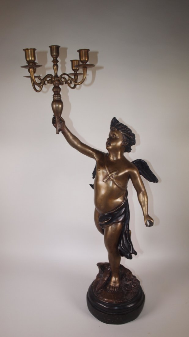 Bronze 5 lite candleabra of winged cherub, 31": Bronze 5 lite candleabra of winged cherub, 31"