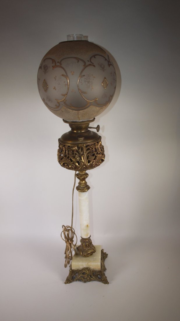 Banquet lamp with alabaster, brass base: Banquet lamp with alabaster, brass base