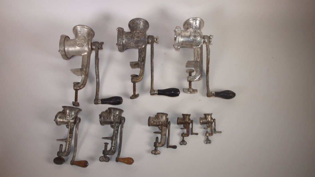 Cast iron lot of 8 food grinders: 3-No2 Griswold, No.: Cast iron lot of 8 food grinders: 3-No2 Griswold, No. 30 Regal, No 25 Dandy, Pony and 2-J.P.Co