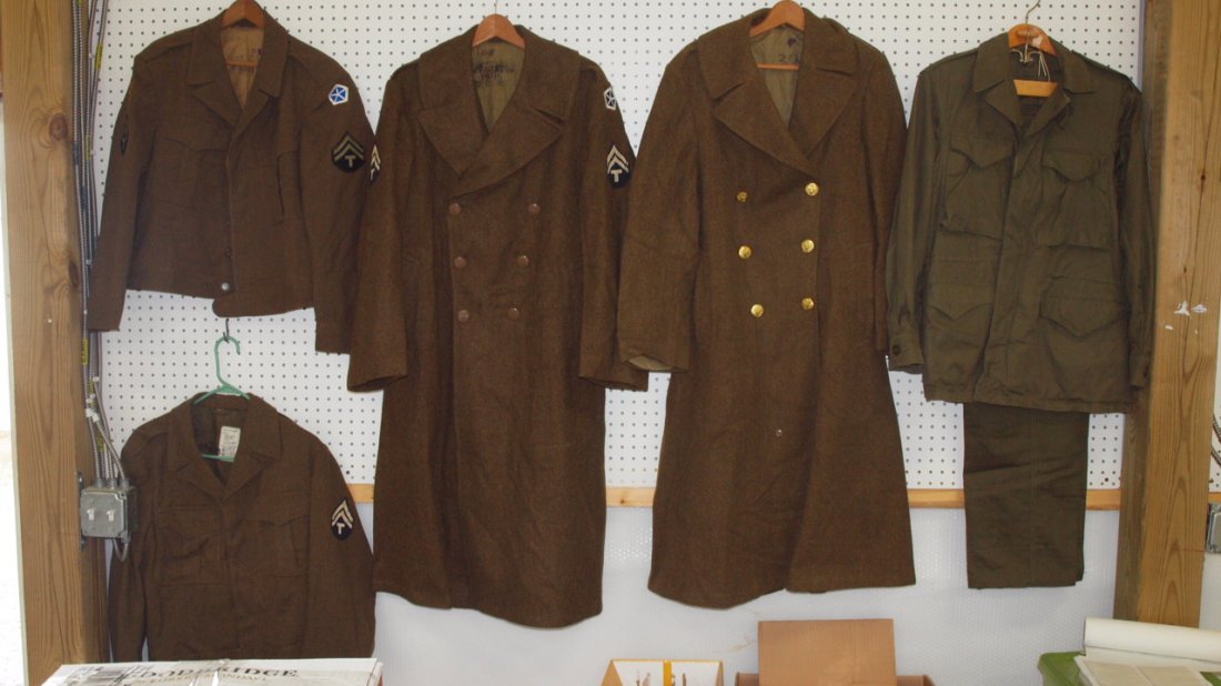 WWII Veteran Lyle Prough, LaGrange, IN complete: WWII Veteran Lyle Prough, LaGrange, IN complete uniform, top coat, shorts, mess kit, shovel, canteen, hats and more