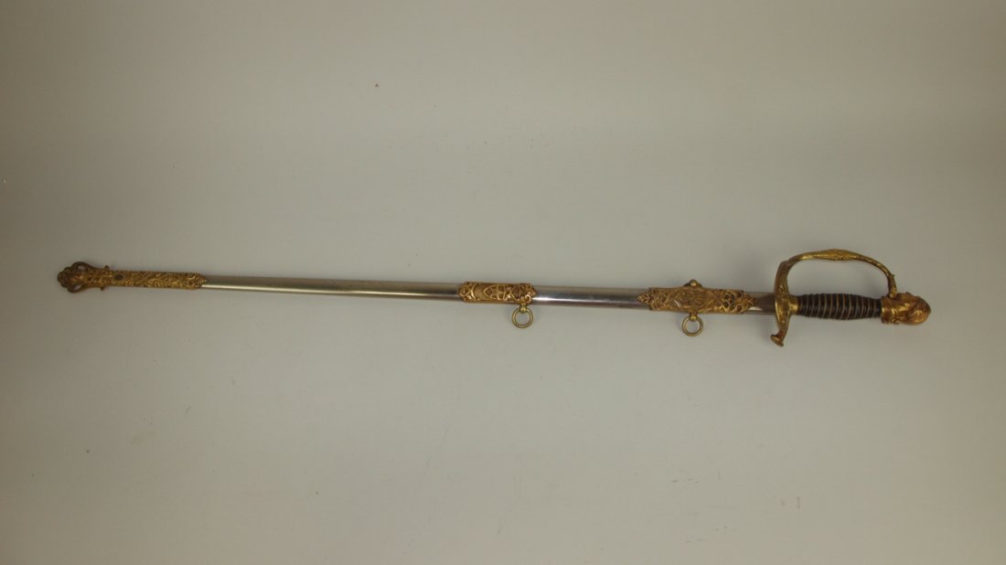 Horstman, Philidelphia "Patriotic Sunset America" sword: Horstman, Philidelphia "Patriotic Sunset America" sword with engraved blade, plated brass hilt has a guard with eagle decoration and the pummel is of George Washington, 38"
