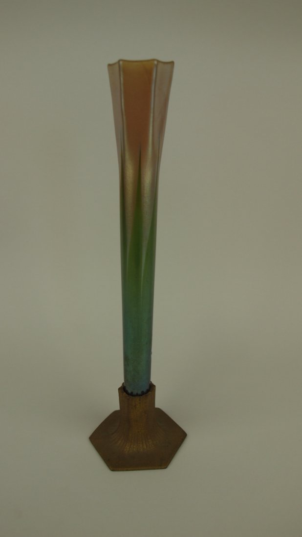 Tiffany art glass bud vase signed LCT, bronze base (1 of 1)