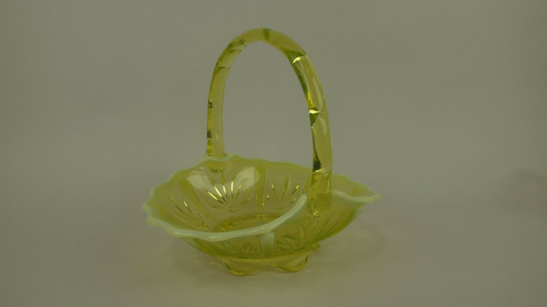 Vaseline opalescent glass basket, cactus pattern, 10" w (1 of 1)