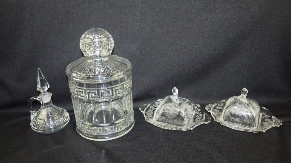 Heisey group of 4 items: Greek Key cruet and crushed (1 of 1)