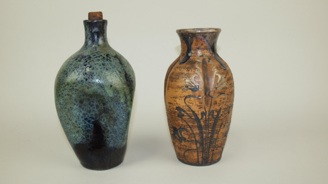 Art pottery bottle with pinched sides and art pottery (1 of 1)