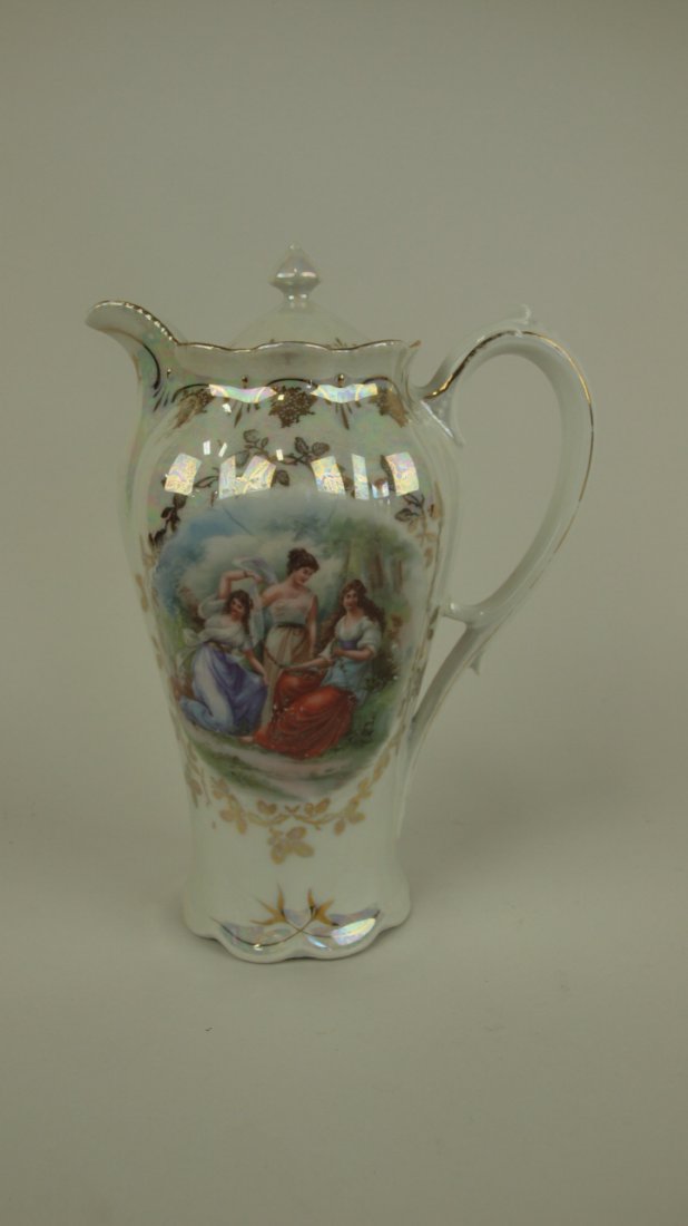 Bavarian porcelain chocolate pot with ladies, 9 1/2": Bavarian porcelain chocolate pot with ladies, 9 1/2"
