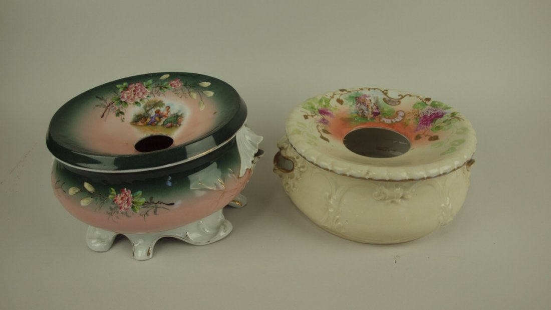 Lot of 2 ladies spittoons/cuspidors with painted: Lot of 2 ladies spittoons/cuspidors with painted ladies, hairline to both