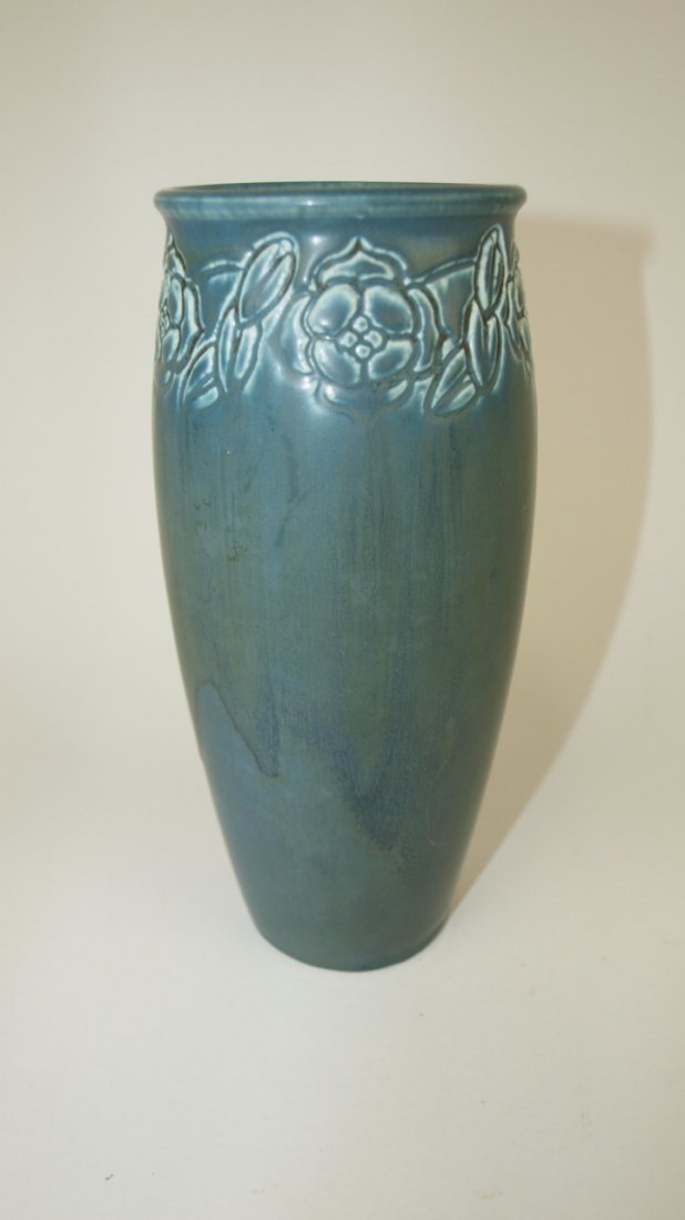 Rookwood art pottery vase, blue with incised floral (1 of 1)