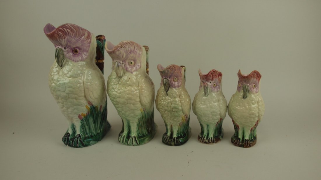 Majolica lot of 5 parrot pitchers, 11 1/2", 10", 3-7 (1 of 1)