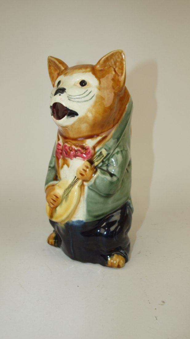 Majolica French cat with fiddle figural pitcher 9 1/2" (1 of 1)