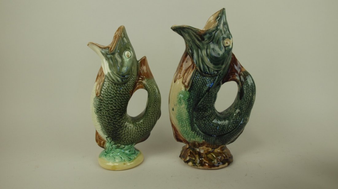 Majolica lot of 2 figural fish pitchers, 10 1/2" and 11 (1 of 1)