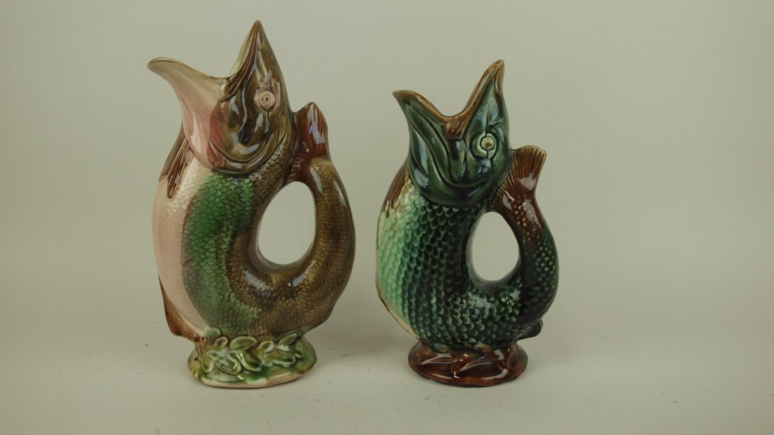 Majolica lot of 2 figural fish pitchers 11 1/2"  and (1 of 1)