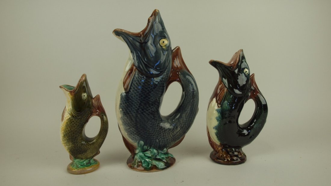 Majolica lot of 3 figural fish pitchers, 12 1/2", 9", (1 of 1)
