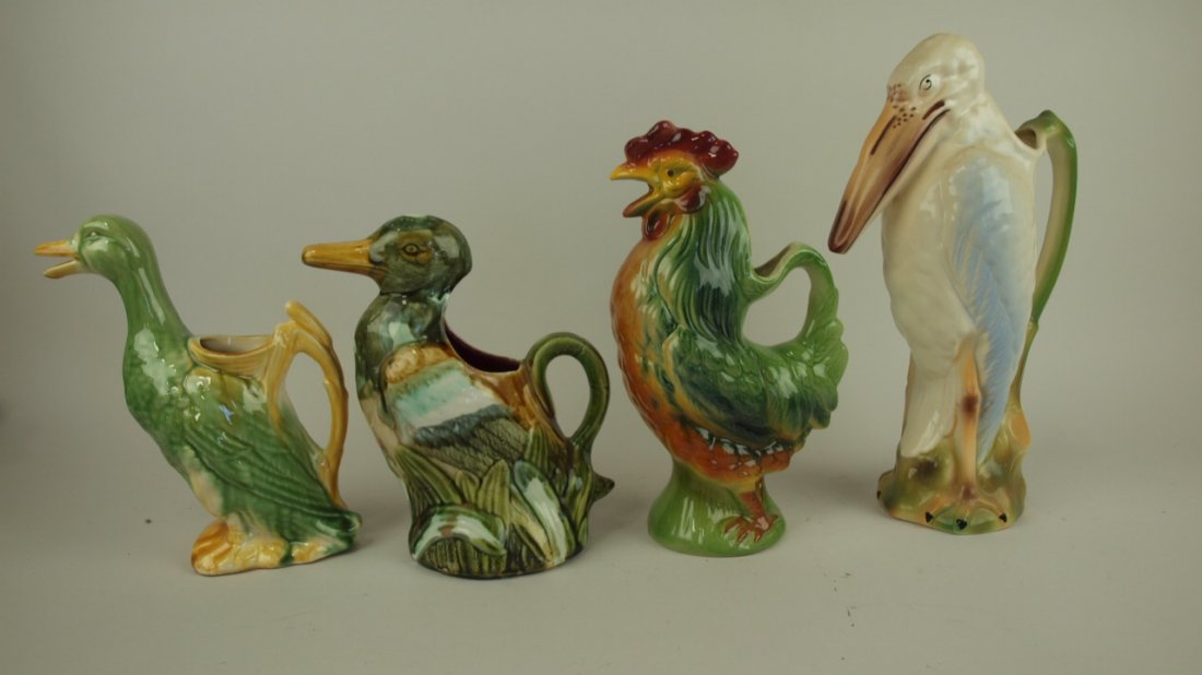 Majolica lot of 4 figural pitchers - 2 ducks, rooster & (1 of 1)