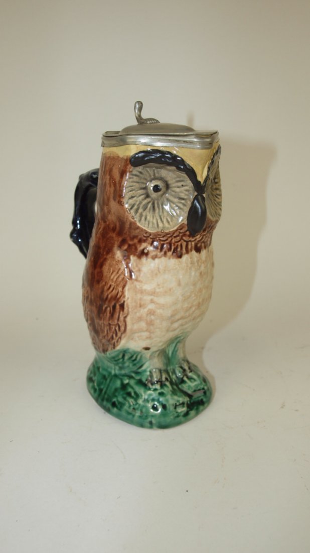 Majolica figural owl pitcher with pewter top, 7 1/2" (1 of 1)