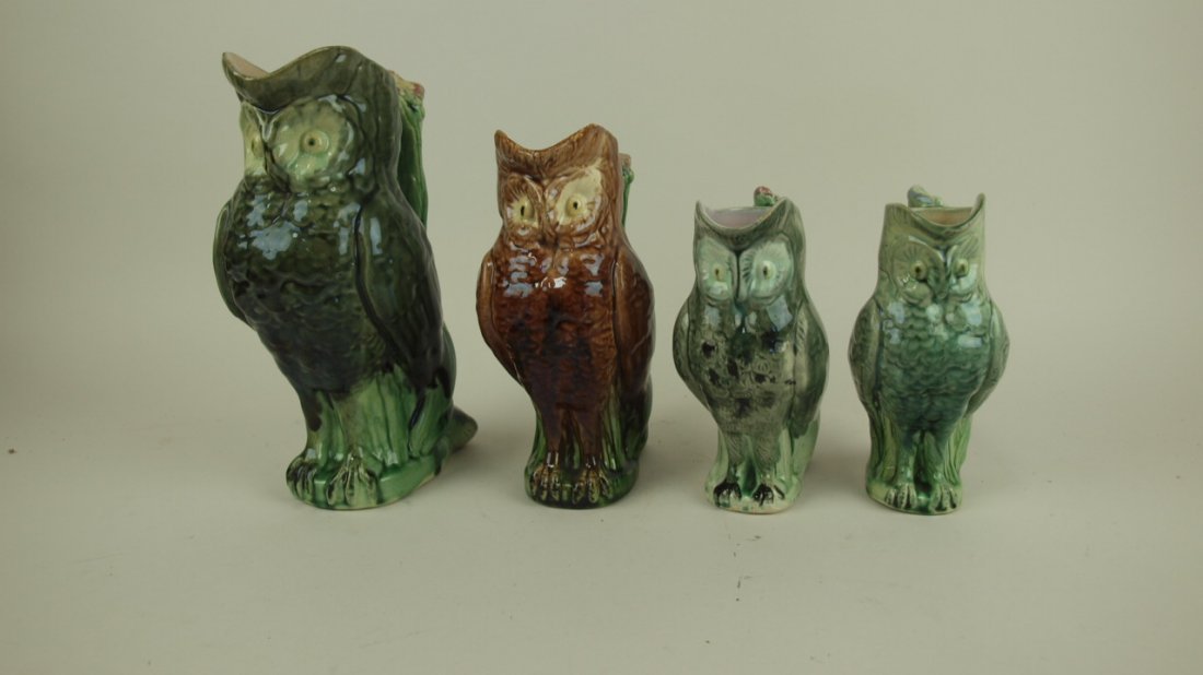 Majolica lot of 4 figural owl pitchers (1 of 1)