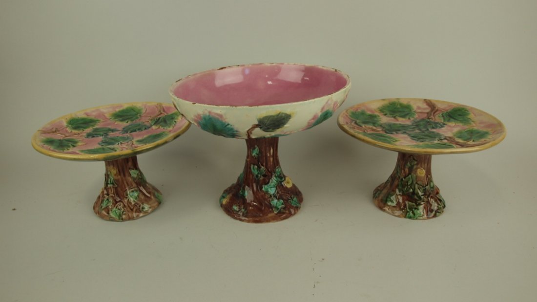 Etruscan Majolica maple leaf lot of 2 cake stands & one (1 of 1)