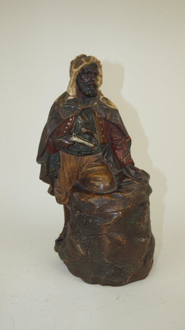 J.M. terra cotta Middle Eastern man and gun figural: J.M. terra cotta Middle Eastern man and gun figural humidor, 11"
