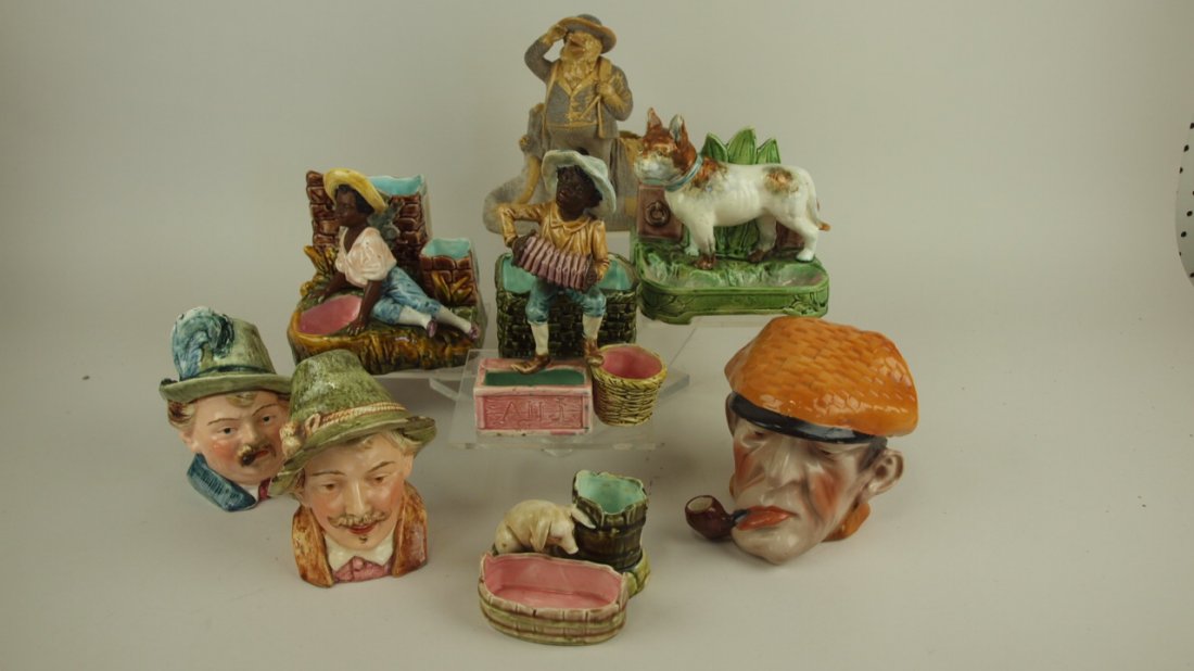 Majolica lot of 5 figural match strikes and 3 humidors, (1 of 1)