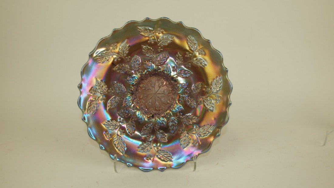 Fenton blue carnival glass holly & berry plate, 9 1/2" (1 of 1)