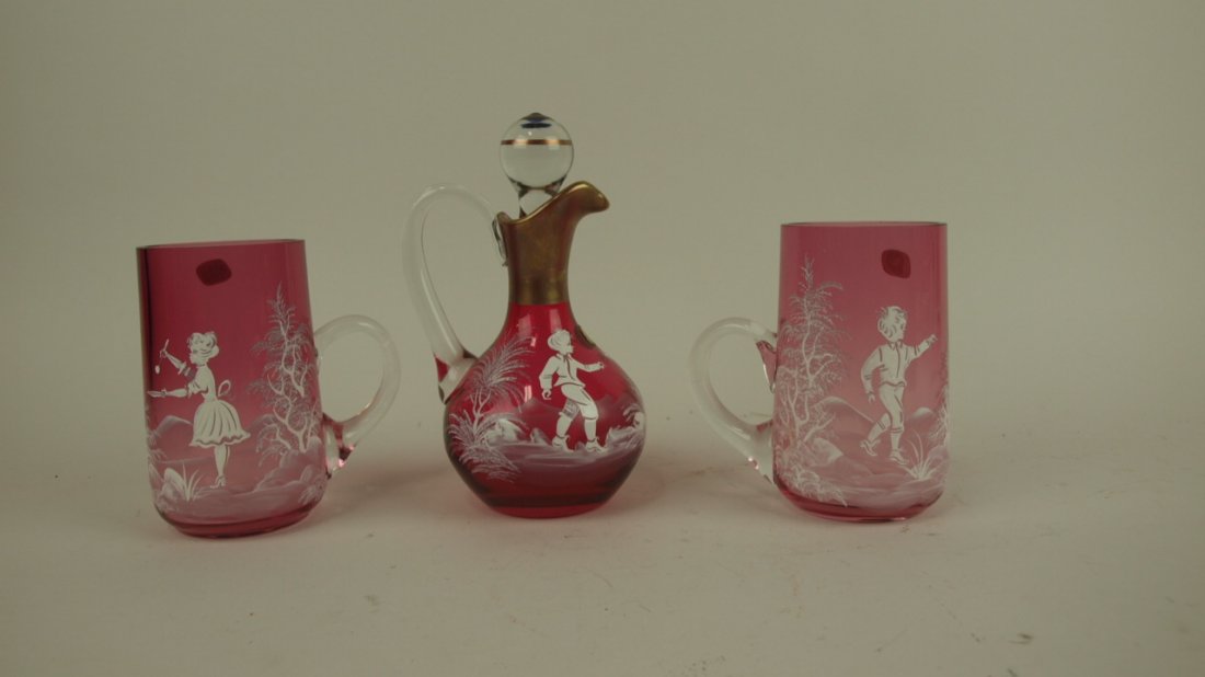 Bohemian cranberry Mary Gregory cruet & 2 mugs (1 of 1)