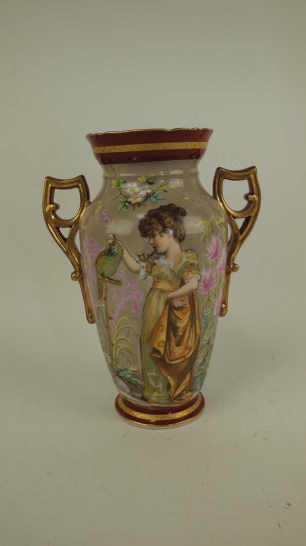 Porcelain two handled vase with lady and parrot, 11" (1 of 1)