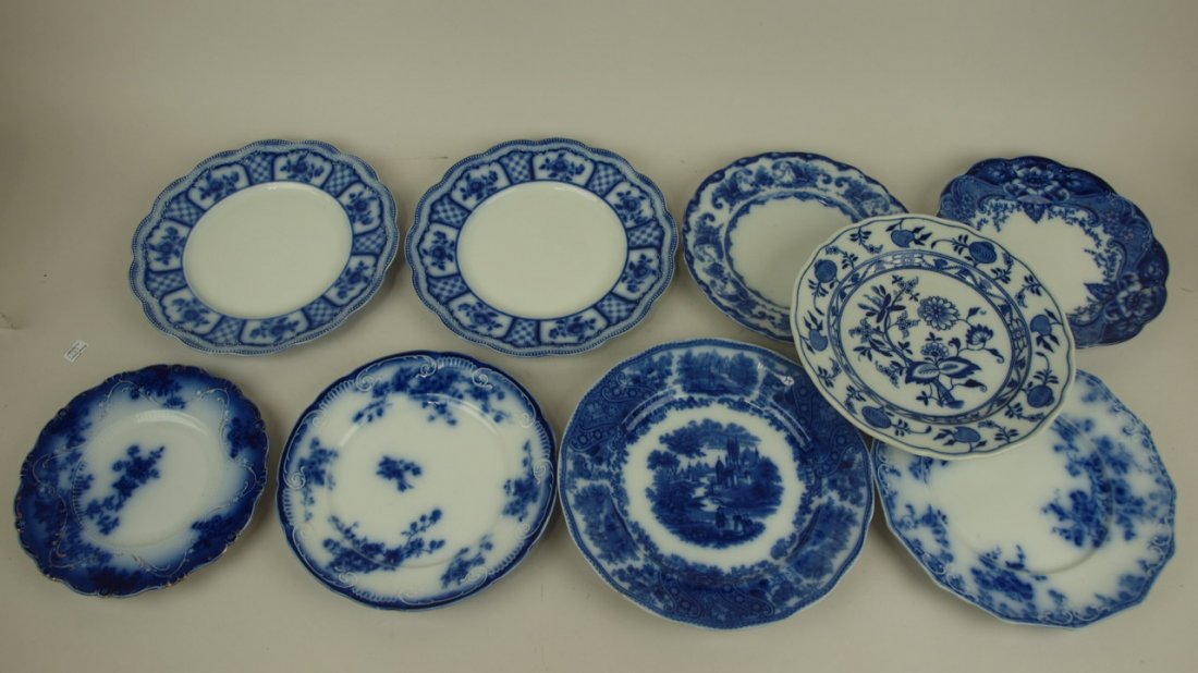 Flow Blue lot of 9 assorted plates: Flow Blue lot of 9 assorted plates