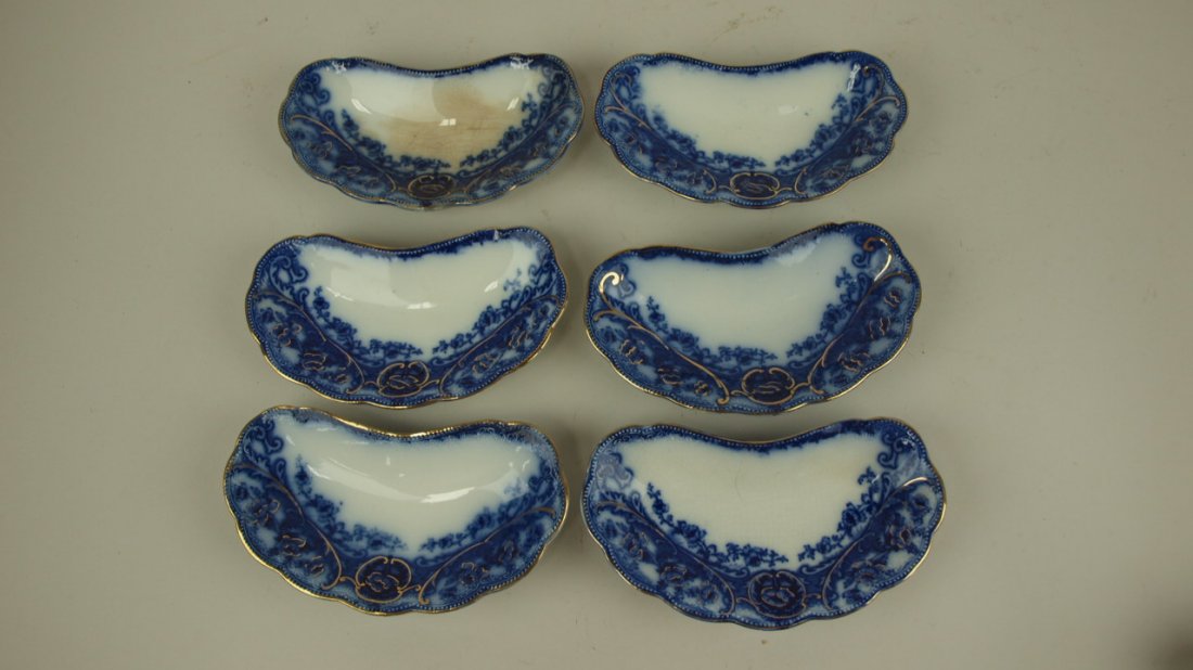 Flow Blue lot of 6 Atlanta bone dishes, one with: Flow Blue lot of 6 Atlanta bone dishes, one with hairline, one with crazing
