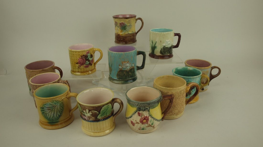 Majolica lot of 12 mugs, various condition: Majolica lot of 12 mugs, various condition