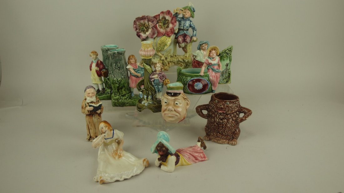 Majolica lot of 11 Continental figural vases and trays, (1 of 1)