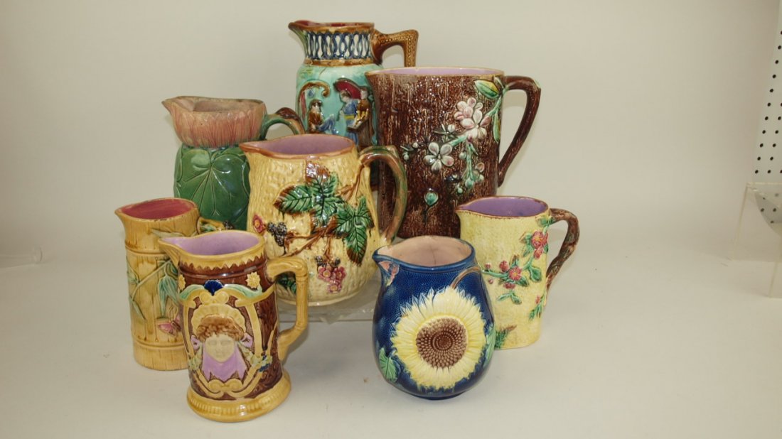 Majolica lot of 8 pitchers, various condition (1 of 1)