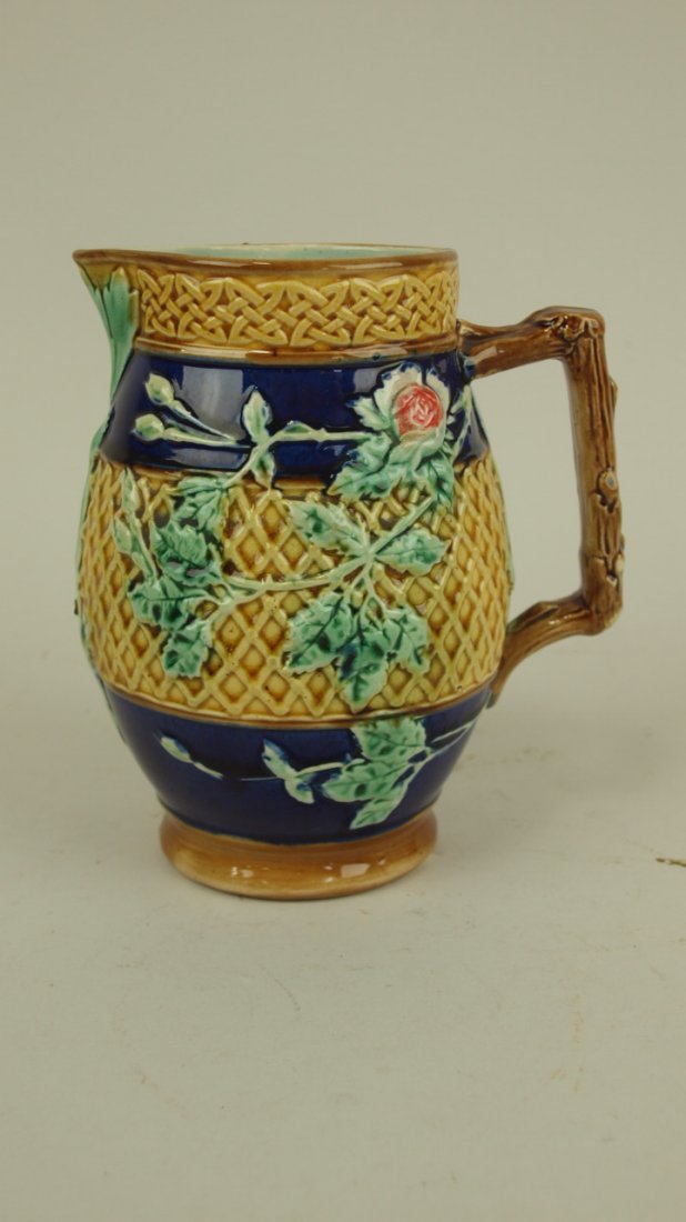 Majolica cobalt wild rose and trellis pitcher, 6" (1 of 1)