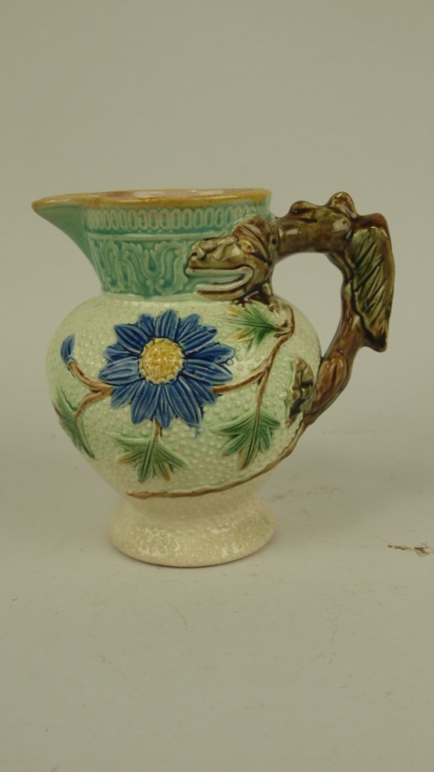 Majolica dragon handled sunflower pitcher, 6 1/2" (1 of 1)