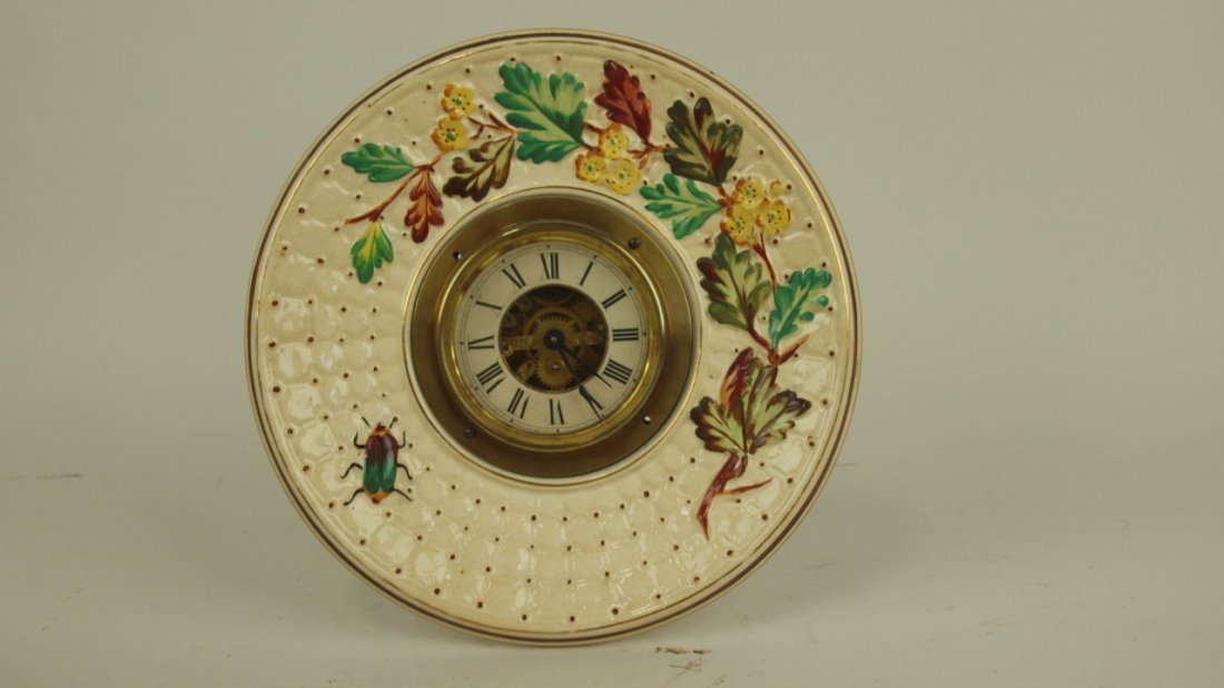 Majolica Avalon beatle plate clock, 8", with New Haven: Majolica Avalon beatle plate clock, 8", with New Haven clock works