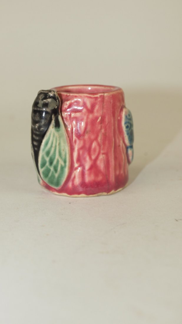 Majolica Moth toothpick holder, 1 1/2", hairline: Majolica Moth toothpick holder, 1 1/2", hairline