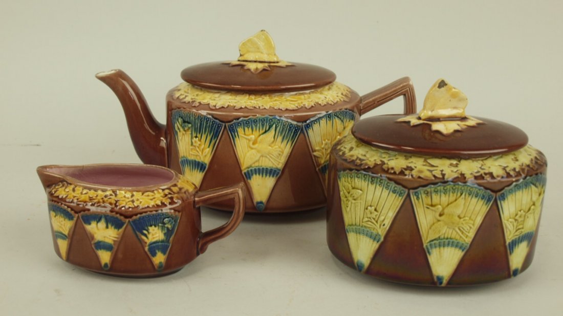 Majolica butterfly and fan, 3 piece teaset, various (1 of 1)