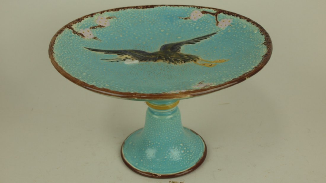 Majolica Holdcraft stork in flight cake stand 9 1/2" d (1 of 1)