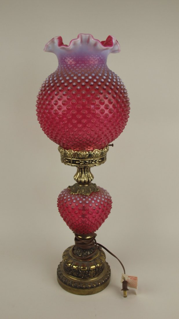 Fenton Cranberry opalescent hobnail hurricane lamp, 24" (1 of 1)