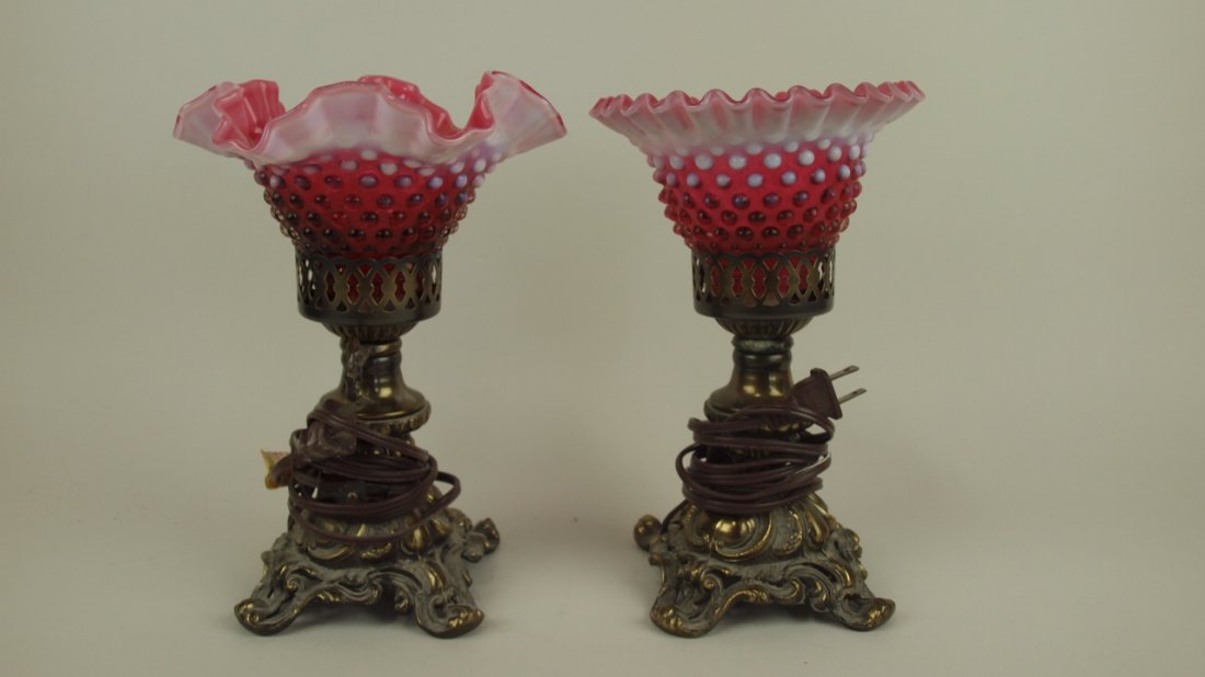 Fenton cranberry opalescent hobnail pair of buffet lamp (1 of 1)