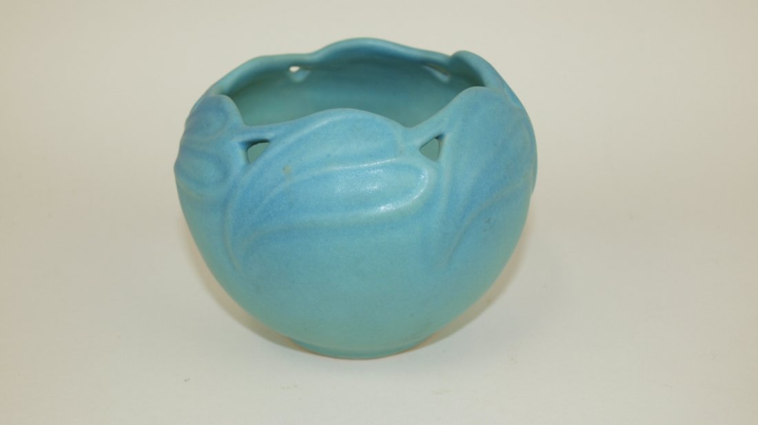 Van Briggle art pottery blue flower pot with frog, (1 of 1)